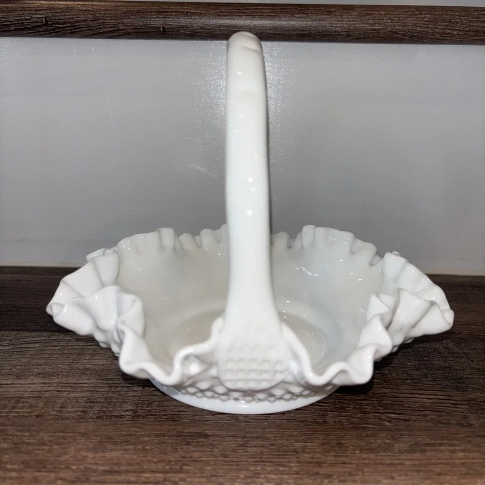 Vintage Fenton Hobnail White Milk Glass Ruffled Edges Basket with Handle